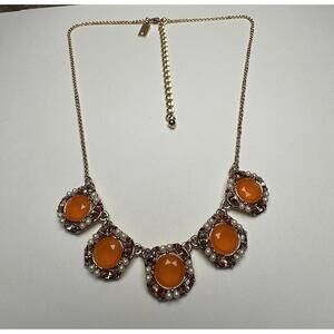 Kate Spade Orange Rhinestone Faux Pearl Gold Tone Necklace Bella Fleur